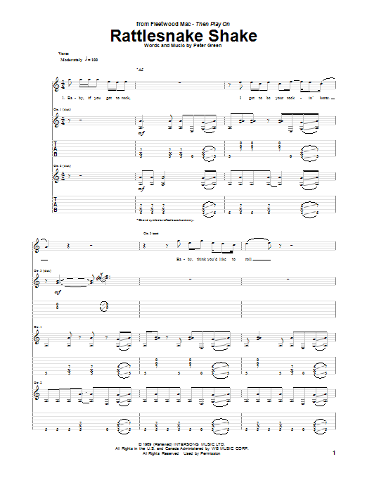 Peter Green Rattlesnake Shake sheet music notes and chords arranged for Guitar Tab
