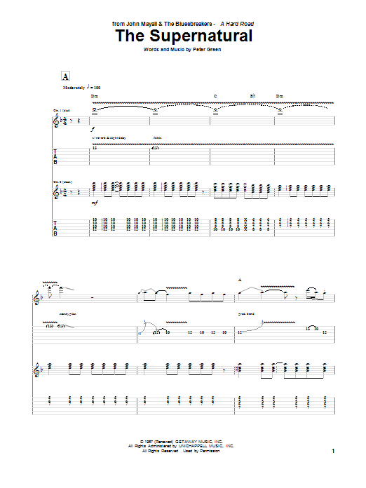 Peter Green The Supernatural sheet music notes and chords arranged for Guitar Tab