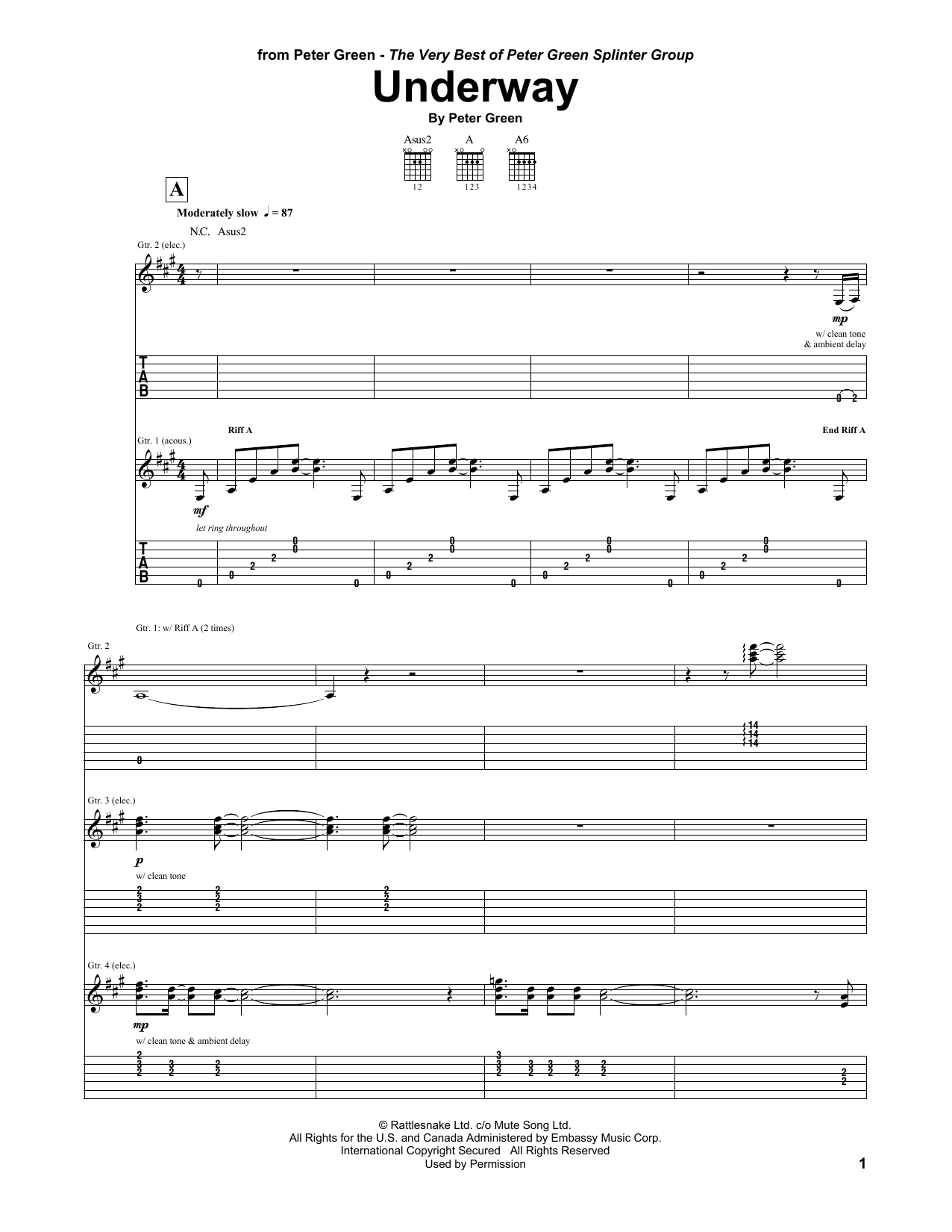 Peter Green Underway sheet music notes and chords arranged for Guitar Tab