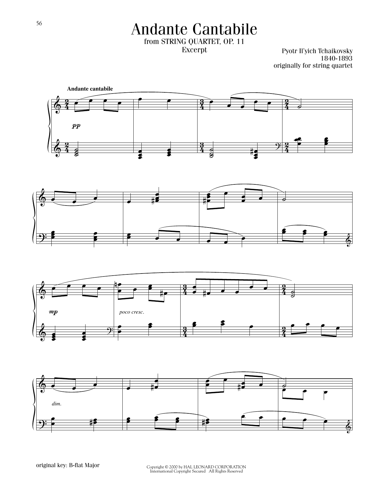 Pyotr Il'yich Tchaikovsky Andante Cantabile sheet music notes and chords arranged for Piano Solo