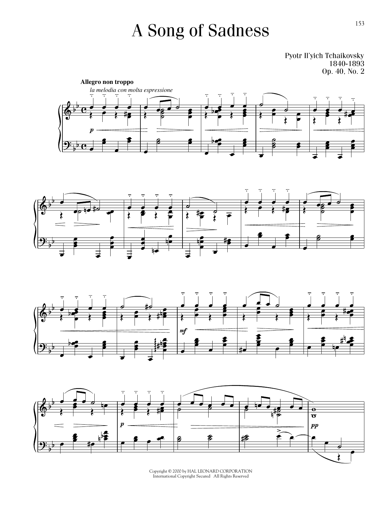 Pyotr Il'yich Tchaikovsky Chanson Triste, Op. 40, No. 2 sheet music notes and chords arranged for Piano Solo