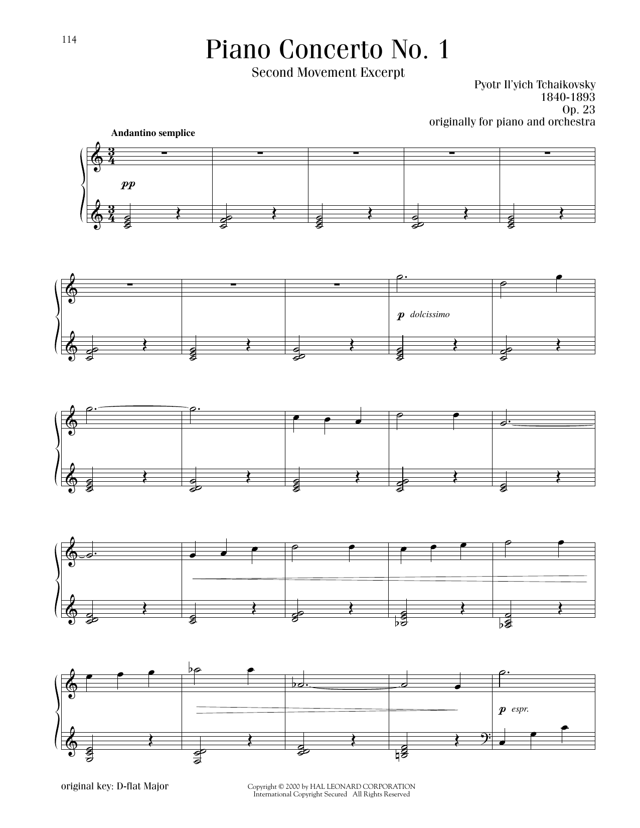 Pyotr Il'yich Tchaikovsky Piano Concerto No. 1 In B-Flat Minor, Op. 23, Second Movement Excerpt sheet music notes and chords arranged for Piano Solo