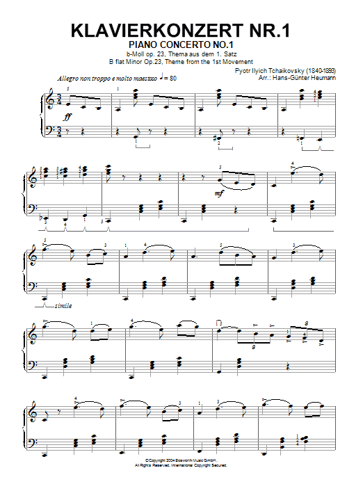Pyotr Il'yich Tchaikovsky Piano Concerto No. 1 In Bb Minor Op. 23 sheet music notes and chords arranged for Piano Solo
