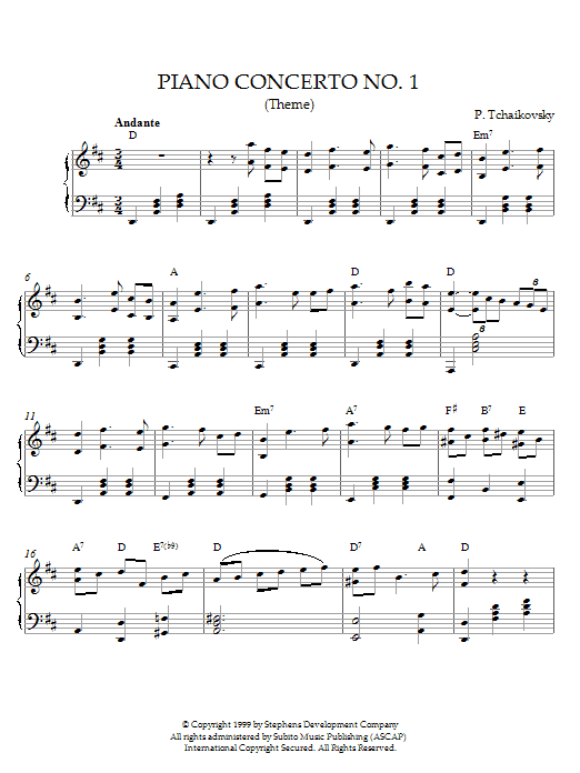 Pyotr Il'yich Tchaikovsky Piano Concerto No. 1 (Theme) sheet music notes and chords arranged for Piano Solo