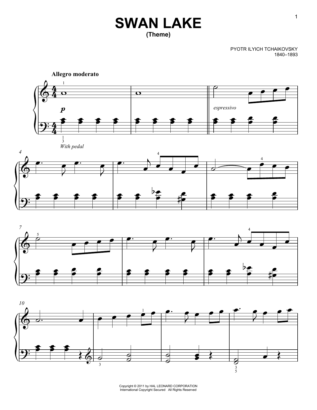 Pyotr Il'yich Tchaikovsky Swan Lake, Op. 20 (Theme) sheet music notes and chords arranged for Easy Piano