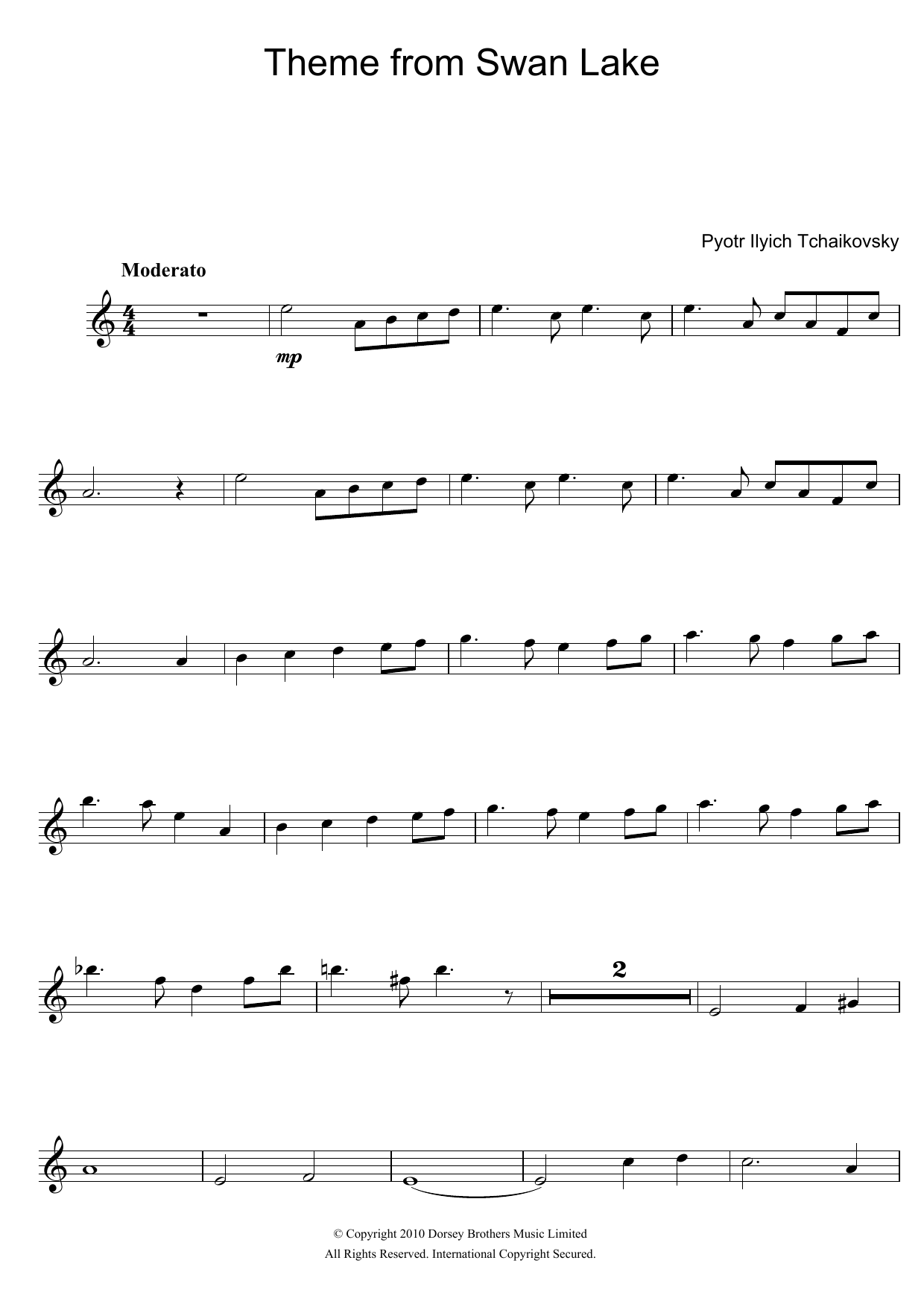 Pyotr Ilyich Tchaikovsky Theme from Swan Lake sheet music notes and chords arranged for Flute Solo