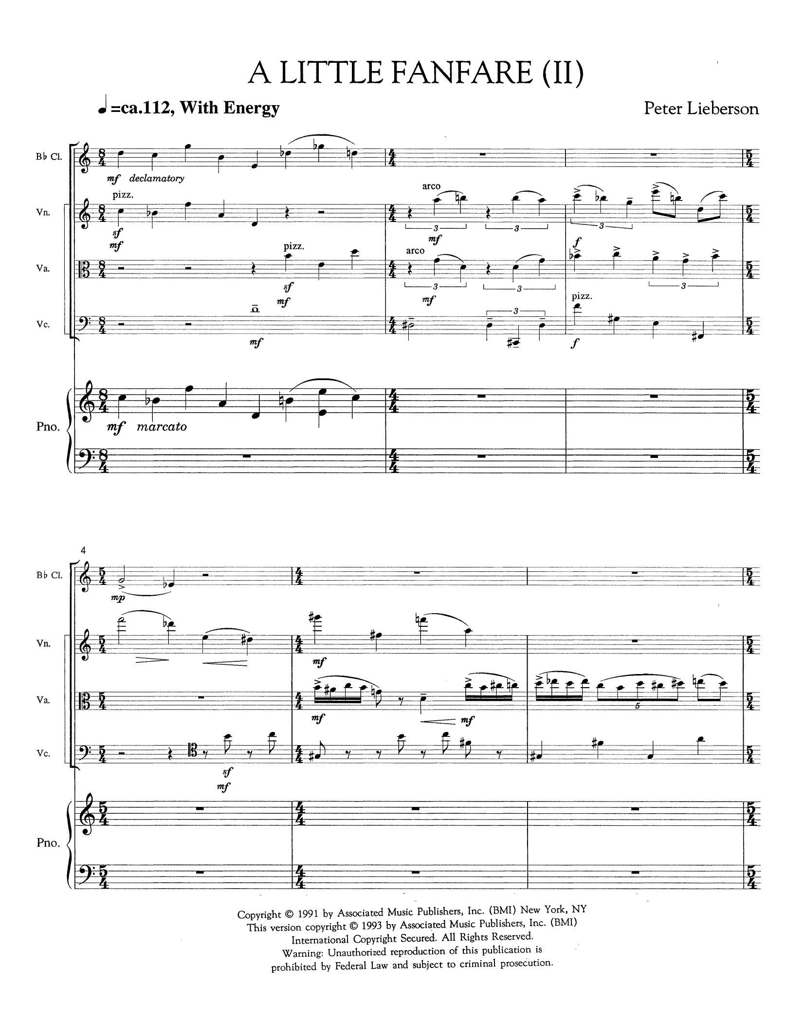 Peter Lieberson Little Fanfare (II) sheet music notes and chords arranged for Performance Ensemble
