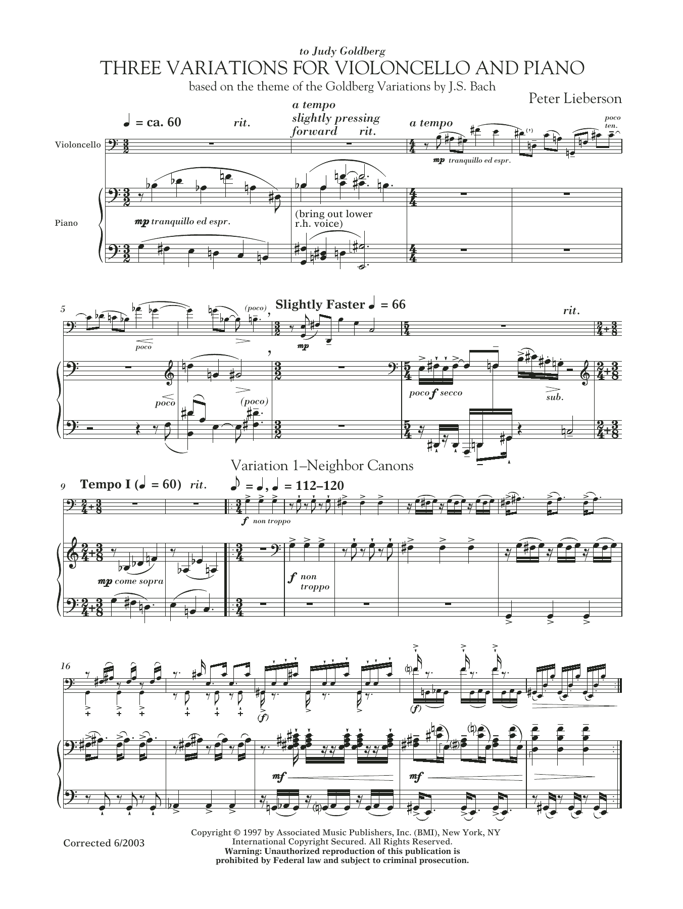 Peter Lieberson Three Variations For Violoncello And Piano sheet music notes and chords arranged for Cello and Piano