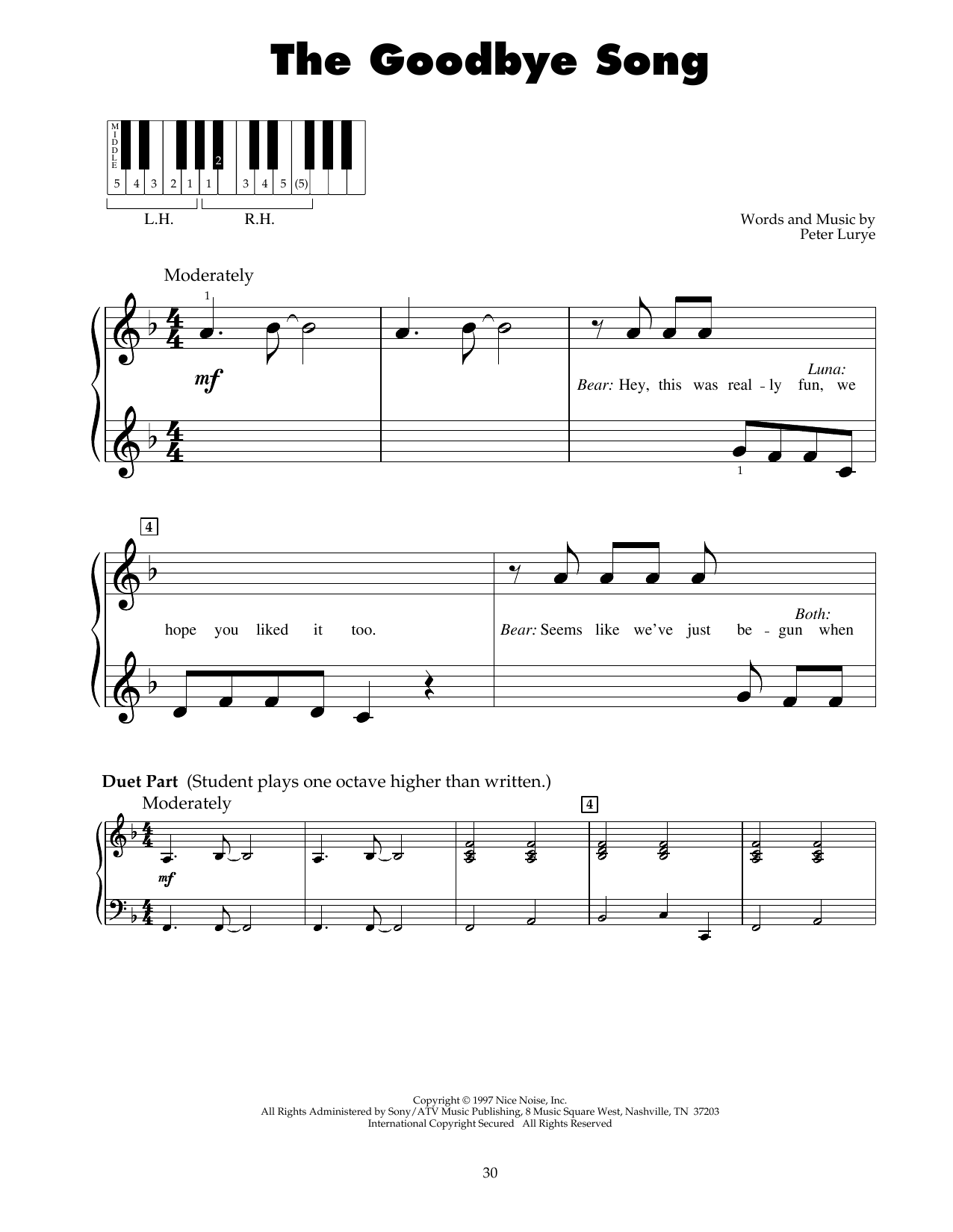Peter Lurye The Goodbye Song (from Bear In The Big Blue House) sheet music notes and chords arranged for 5-Finger Piano