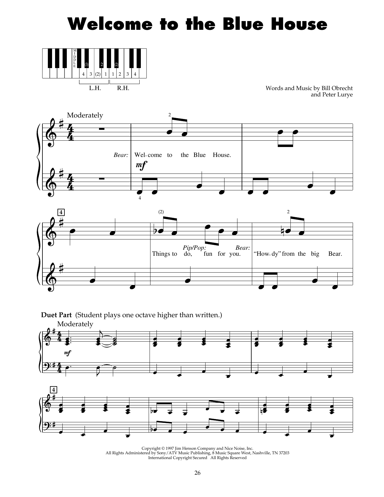 Peter Lurye Welcome To The Blue House (from Bear In The Big Blue House) sheet music notes and chords arranged for 5-Finger Piano