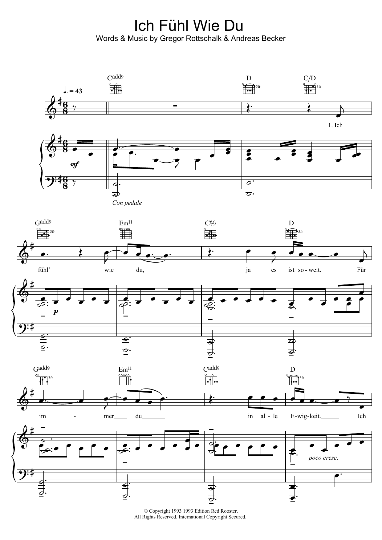 Peter Maffay Ich Fuhl Wie Du sheet music notes and chords arranged for Piano, Vocal & Guitar Chords