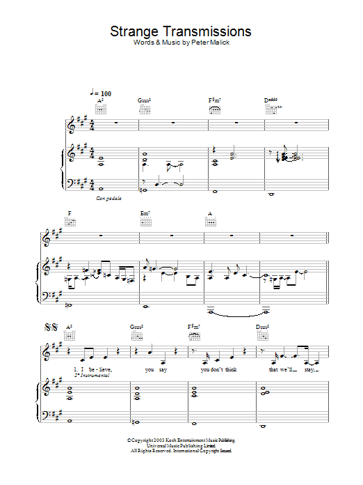 Peter Malick Strange Transmissions sheet music notes and chords arranged for Piano, Vocal & Guitar Chords