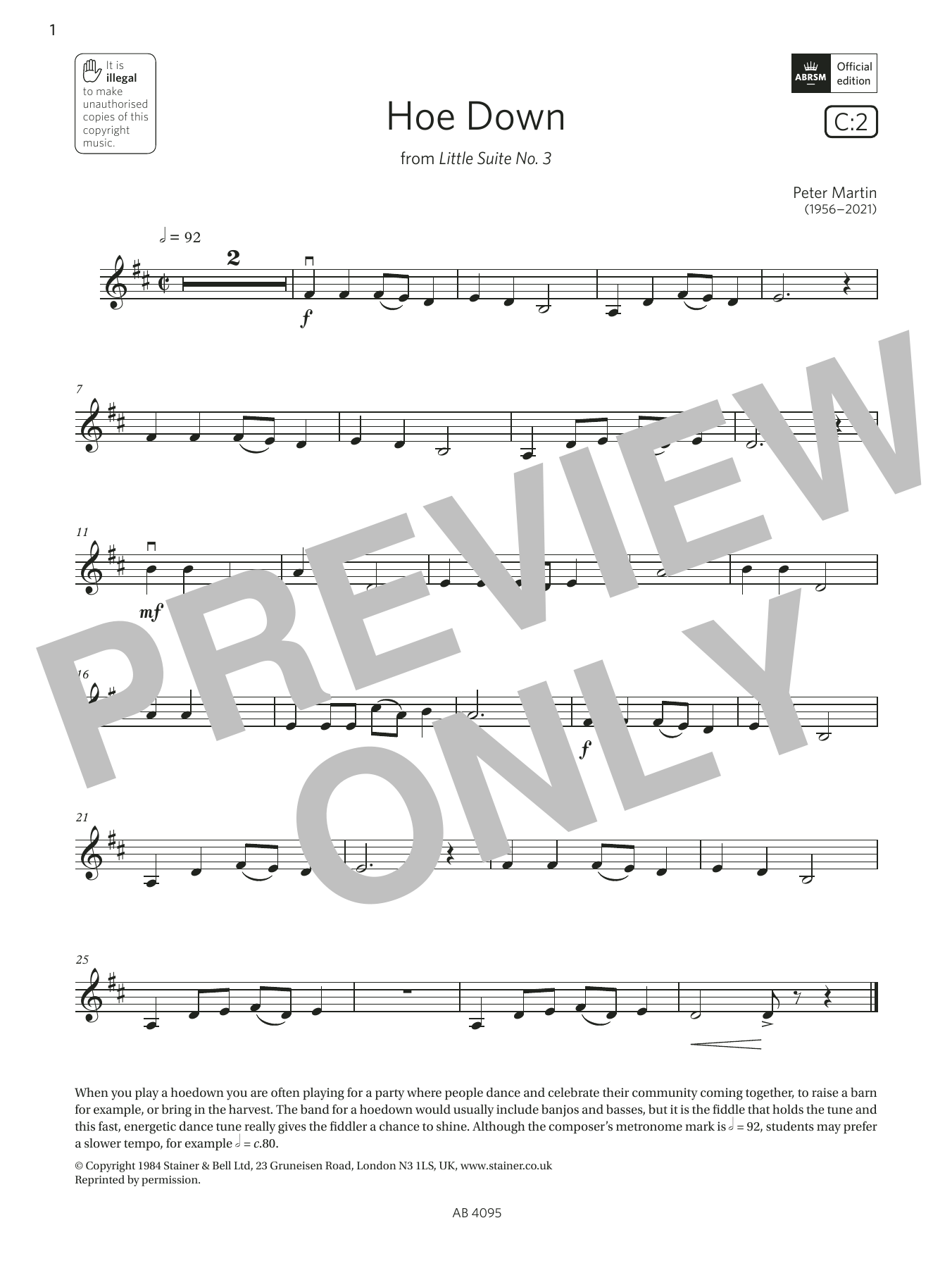Peter Martin Hoe Down (Grade 1, C2, from the ABRSM Violin Syllabus from 2024) sheet music notes and chords arranged for Violin Solo