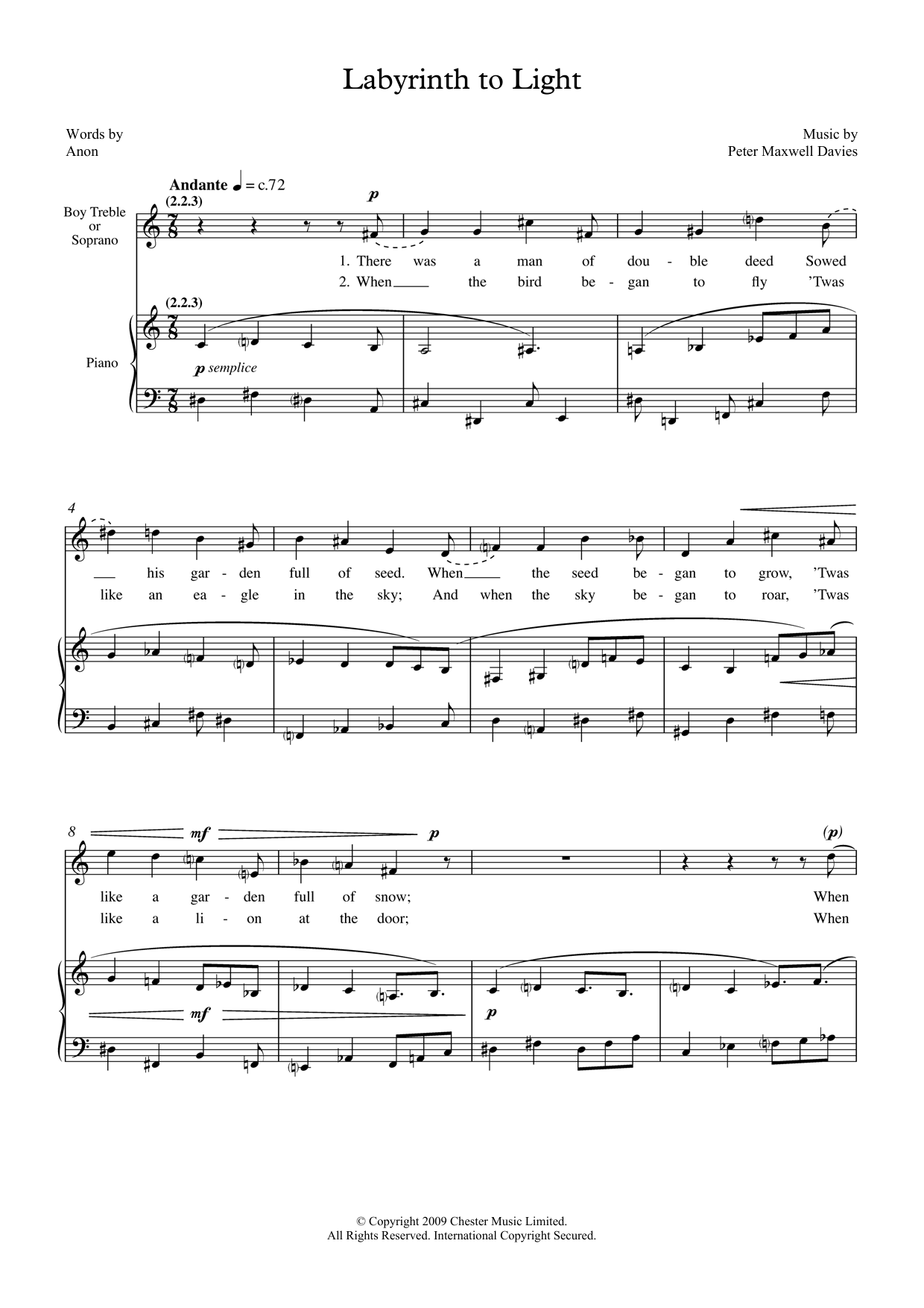 Peter Maxwell Davies Labyrinth To Light (for treble & piano) sheet music notes and chords arranged for Piano & Vocal