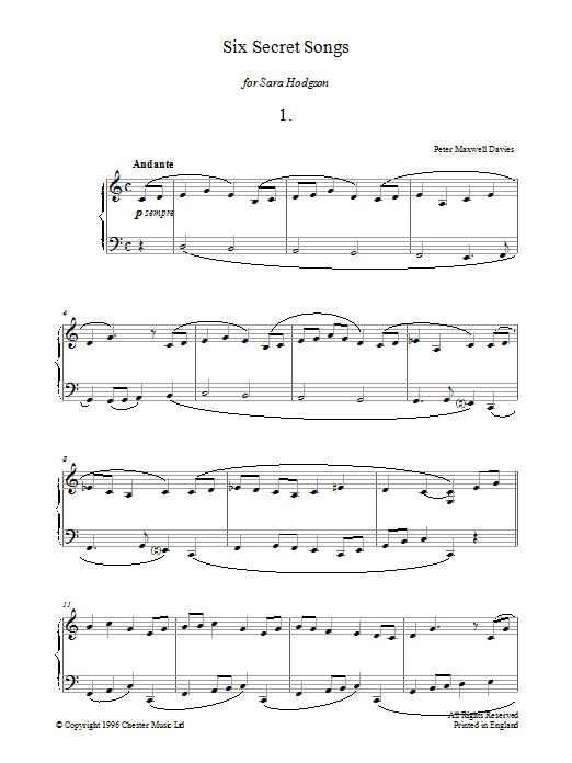 Peter Maxwell Davies Six Secret Songs, No.1, Andante sheet music notes and chords arranged for Piano Solo