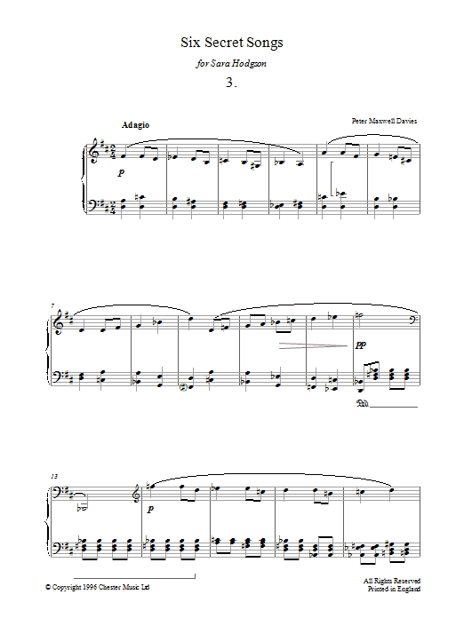 Peter Maxwell Davies Six Secret Songs, No.3, Adagio sheet music notes and chords arranged for Piano Solo
