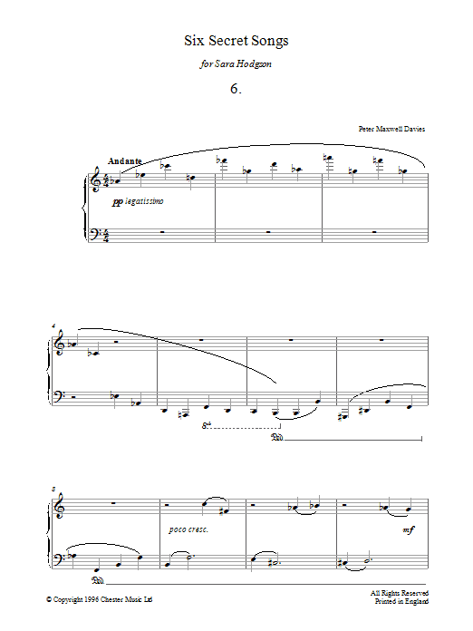 Peter Maxwell Davies Six Secret Songs, No.6, Andante sheet music notes and chords arranged for Piano Solo