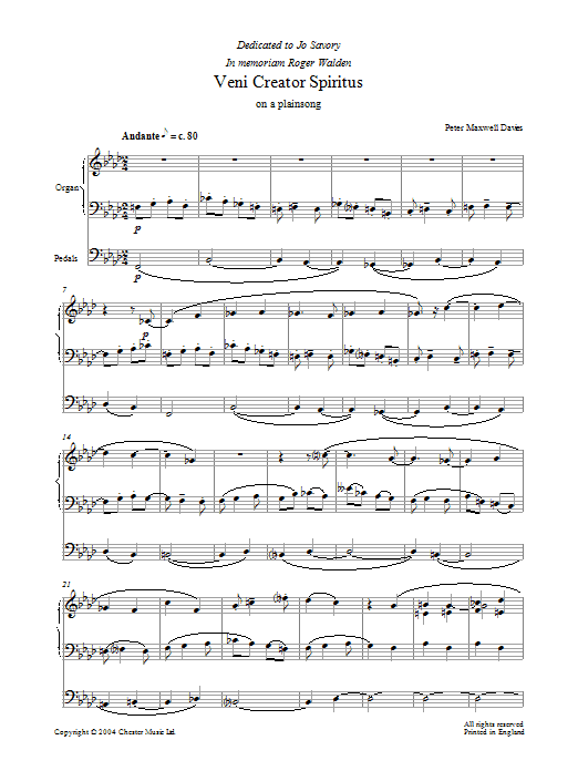 Peter Maxwell Davies Veni Creator Spiritus sheet music notes and chords arranged for Organ