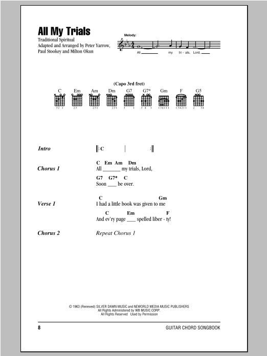 Peter, Paul & Mary All My Trials sheet music notes and chords arranged for Guitar Chords/Lyrics