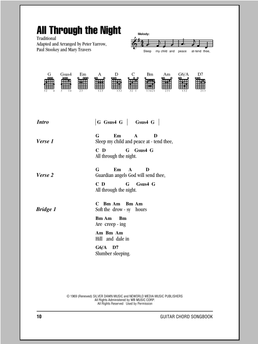 Peter, Paul & Mary All Through The Night sheet music notes and chords arranged for Guitar Chords/Lyrics