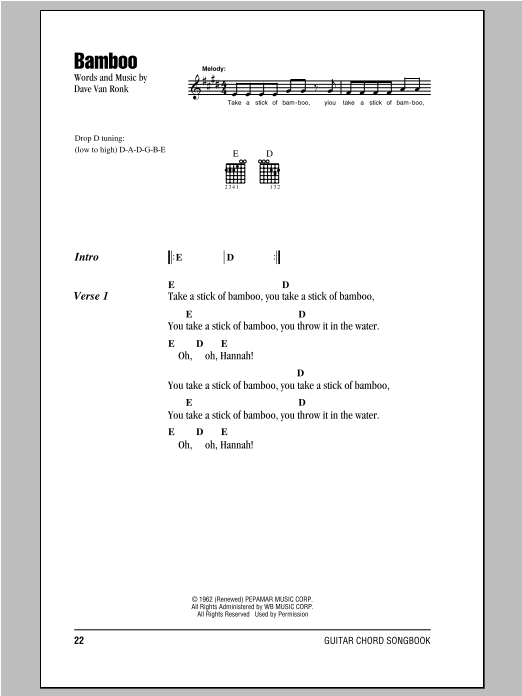 Peter, Paul & Mary Bamboo sheet music notes and chords arranged for Guitar Chords/Lyrics