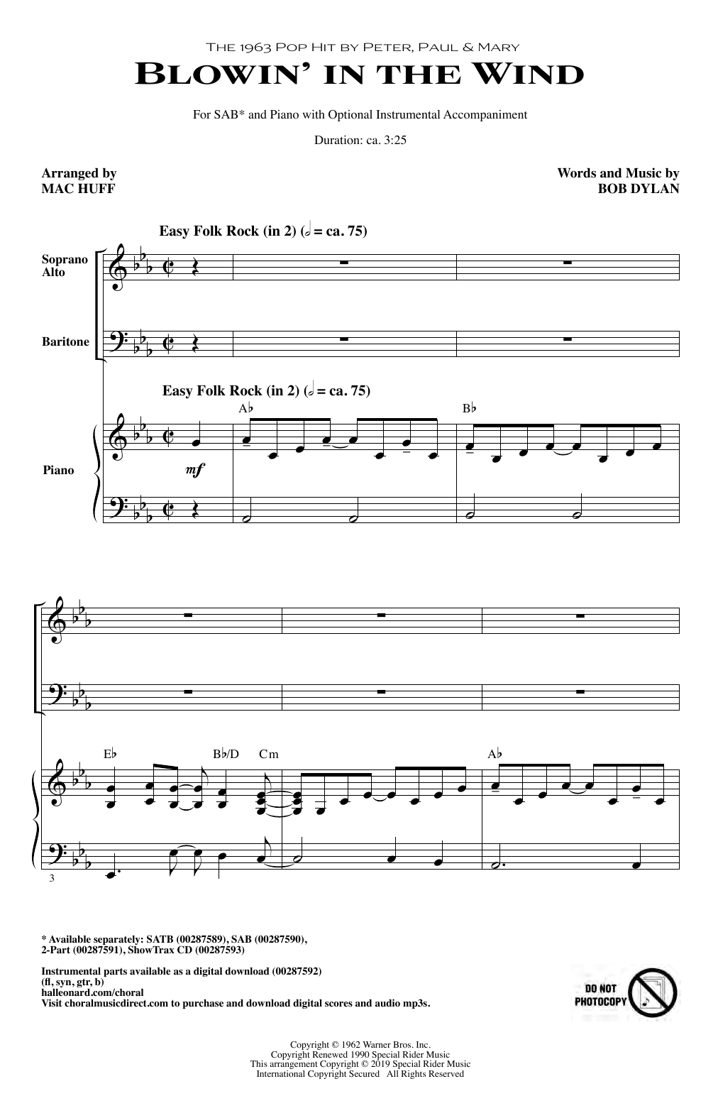 Peter, Paul & Mary Blowin' In The Wind (arr. Mac Huff) sheet music notes and chords arranged for SAB Choir