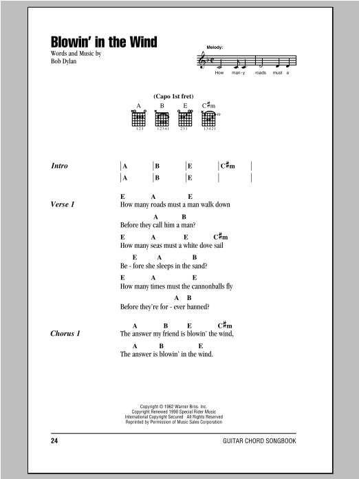 Peter, Paul & Mary Blowin' In The Wind sheet music notes and chords arranged for Guitar Chords/Lyrics