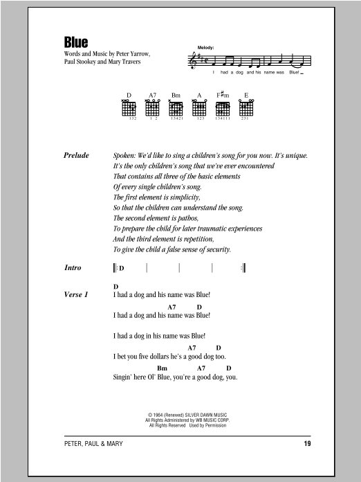 Peter, Paul & Mary Blue sheet music notes and chords arranged for Guitar Chords/Lyrics