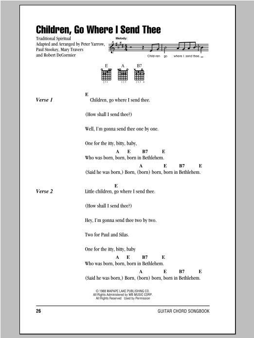 Peter, Paul & Mary Children, Go Where I Send Thee sheet music notes and chords arranged for Guitar Chords/Lyrics