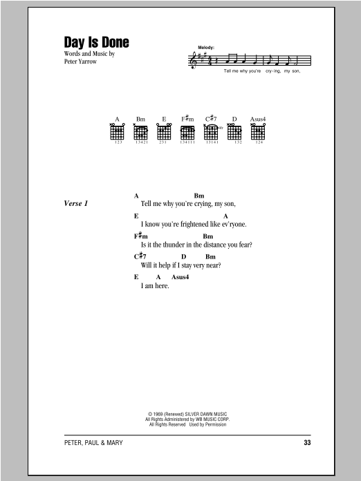 Peter, Paul & Mary Day Is Done sheet music notes and chords arranged for Guitar Chords/Lyrics