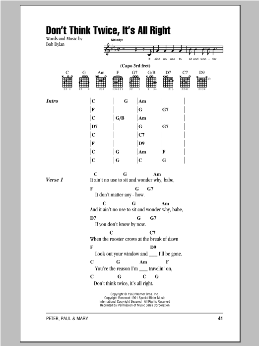 Peter, Paul & Mary Don't Think Twice, It's All Right sheet music notes and chords arranged for Guitar Chords/Lyrics