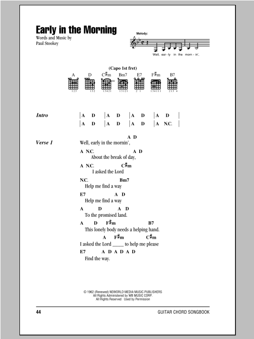 Peter, Paul & Mary Early In The Morning sheet music notes and chords arranged for Guitar Chords/Lyrics