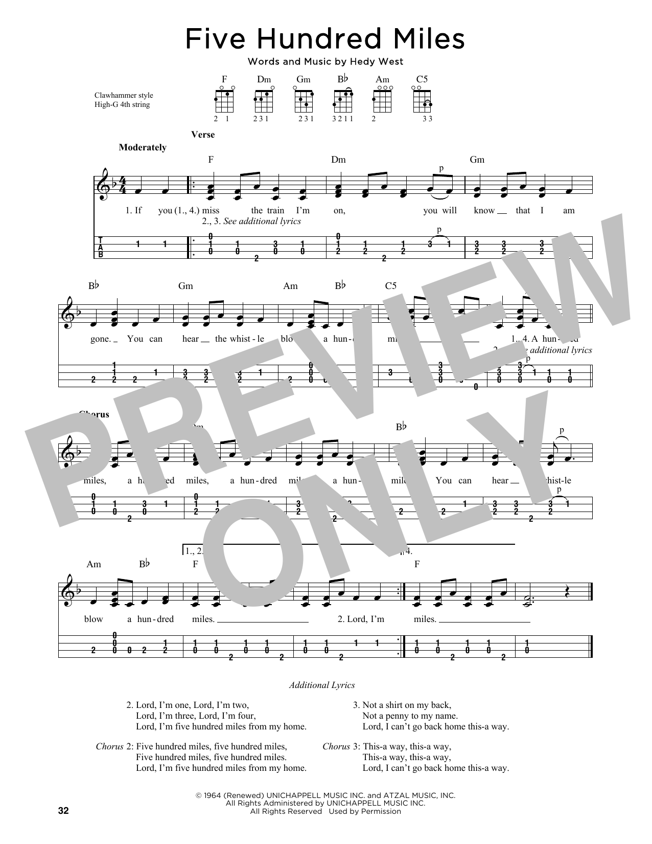 Peter, Paul & Mary Five Hundred Miles (arr. Jim Schustedt) sheet music notes and chords arranged for Ukulele