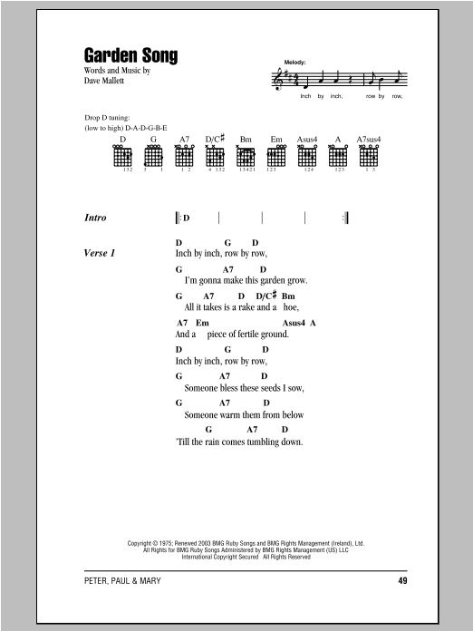 Peter, Paul & Mary Garden Song sheet music notes and chords arranged for Guitar Chords/Lyrics