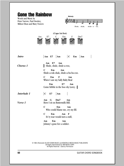 Peter, Paul & Mary Gone The Rainbow sheet music notes and chords arranged for Guitar Chords/Lyrics