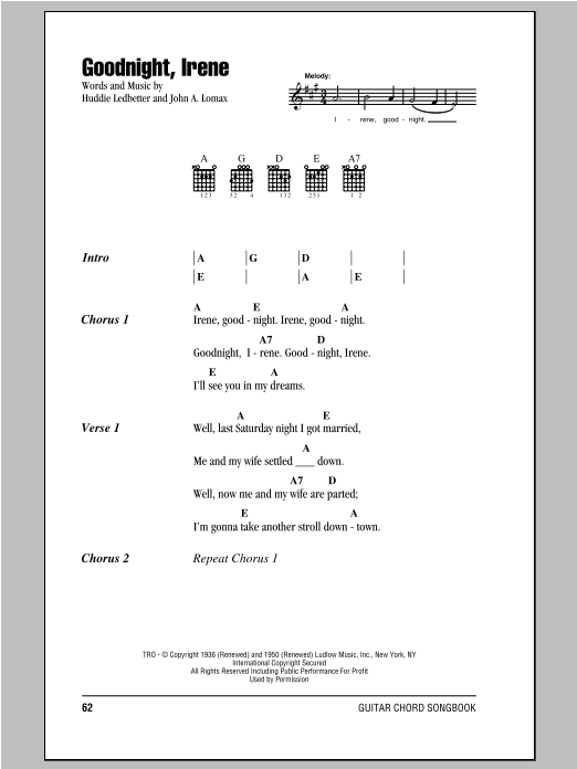 Peter, Paul & Mary Goodnight, Irene sheet music notes and chords arranged for Guitar Chords/Lyrics