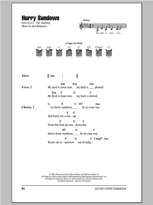 Peter, Paul & Mary Hurry Sundown sheet music notes and chords arranged for Guitar Chords/Lyrics