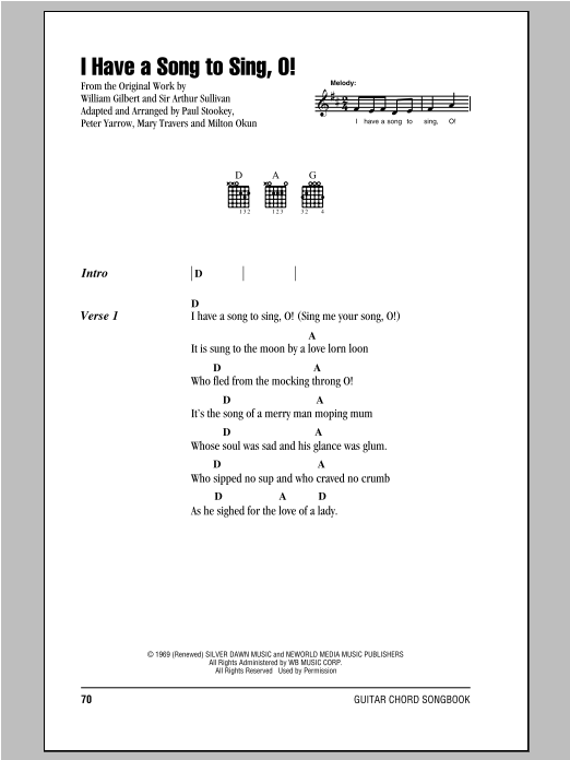 Peter, Paul & Mary I Have A Song To Sing, O! sheet music notes and chords arranged for Guitar Chords/Lyrics