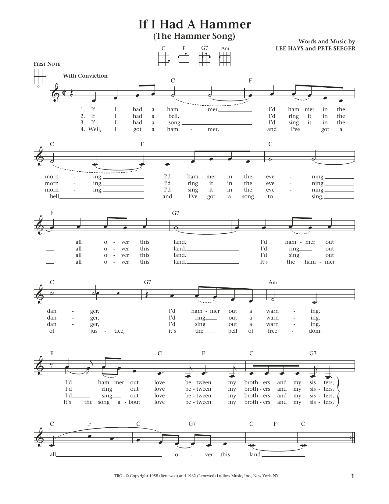 Peter, Paul & Mary If I Had A Hammer (The Hammer Song) (from The Daily Ukulele) (arr. Liz and Jim Beloff) sheet music notes and chords arranged for Ukulele