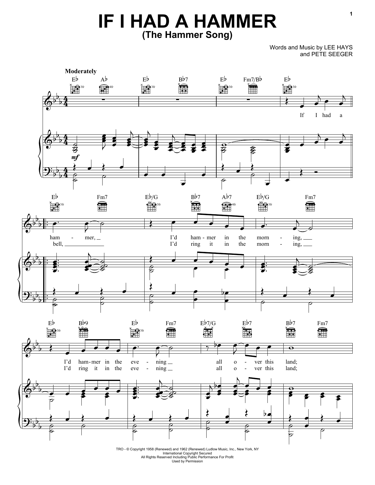 Peter, Paul & Mary If I Had A Hammer (The Hammer Song) sheet music notes and chords arranged for Piano, Vocal & Guitar Chords (Right-Hand Melody)