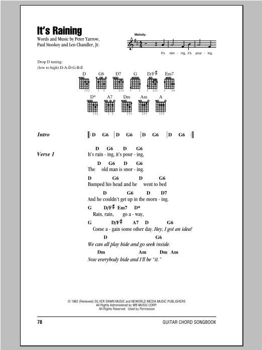 Peter, Paul & Mary It's Raining sheet music notes and chords arranged for Guitar Chords/Lyrics