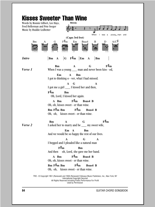 Peter, Paul & Mary Kisses Sweeter Than Wine sheet music notes and chords arranged for Guitar Chords/Lyrics