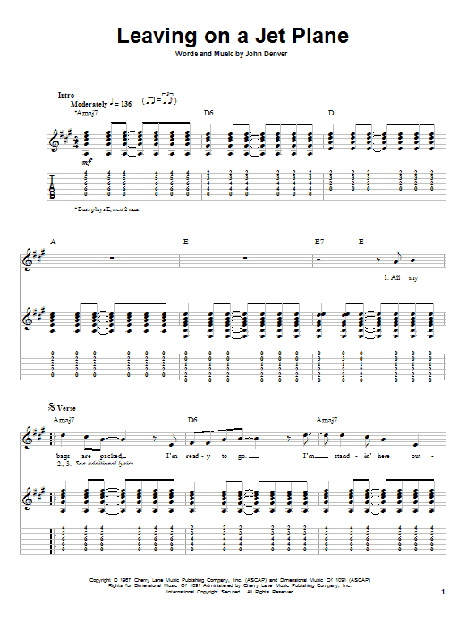 Peter, Paul & Mary Leaving On A Jet Plane sheet music notes and chords arranged for Guitar Tab (Single Guitar)