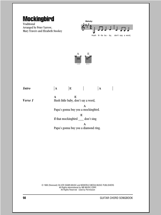 Peter, Paul & Mary Mockingbird sheet music notes and chords arranged for Guitar Chords/Lyrics