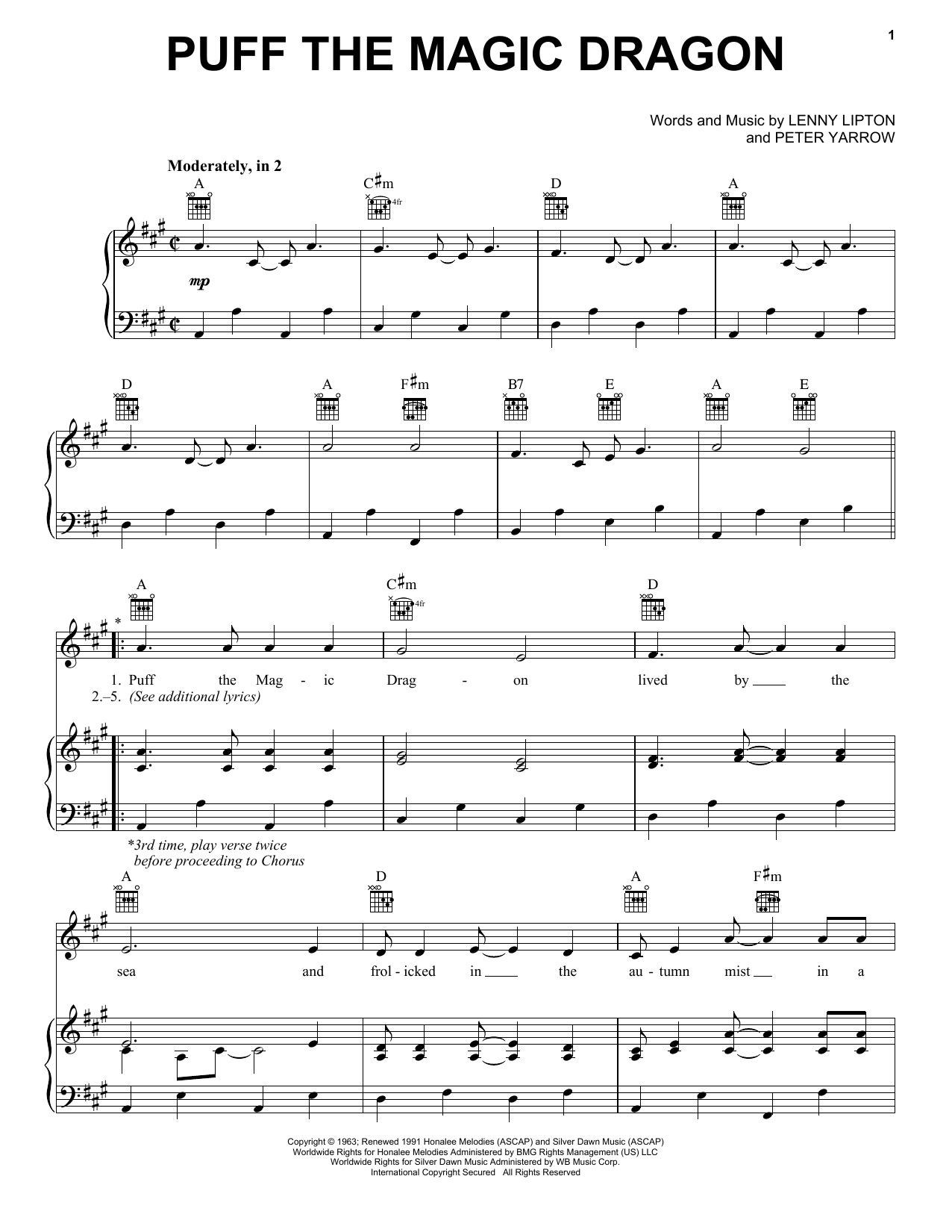 Peter, Paul & Mary Puff The Magic Dragon sheet music notes and chords arranged for Ukulele