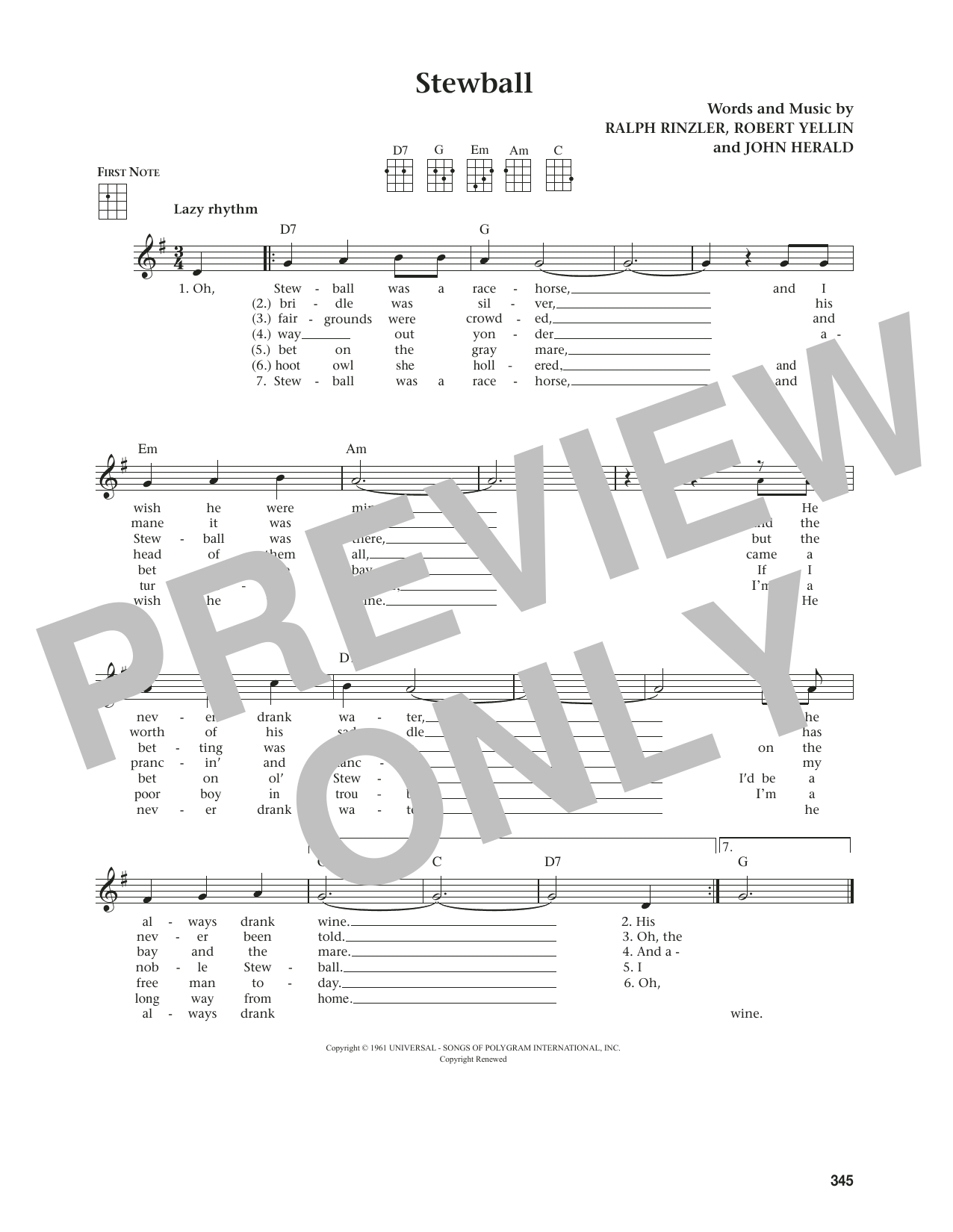 Peter, Paul & Mary Stewball (from The Daily Ukulele) (arr. Jim Beloff) sheet music notes and chords arranged for Ukulele