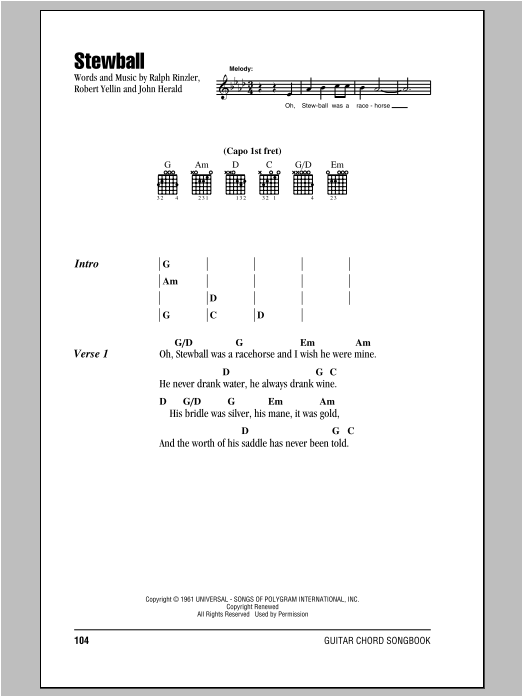 Peter, Paul & Mary Stewball sheet music notes and chords arranged for Guitar Chords/Lyrics