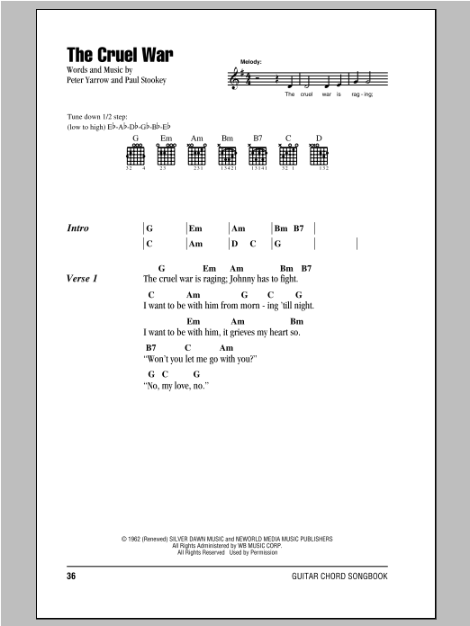 Peter, Paul & Mary The Cruel War sheet music notes and chords arranged for Guitar Chords/Lyrics