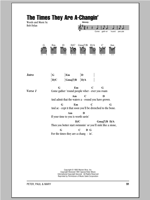 Peter, Paul & Mary The Times They Are A-Changin' sheet music notes and chords arranged for Guitar Chords/Lyrics