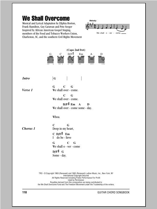 Peter, Paul & Mary We Shall Overcome sheet music notes and chords arranged for Guitar Chords/Lyrics